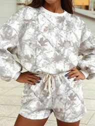 Camo Print Long Sleeve Top and Shorts Set