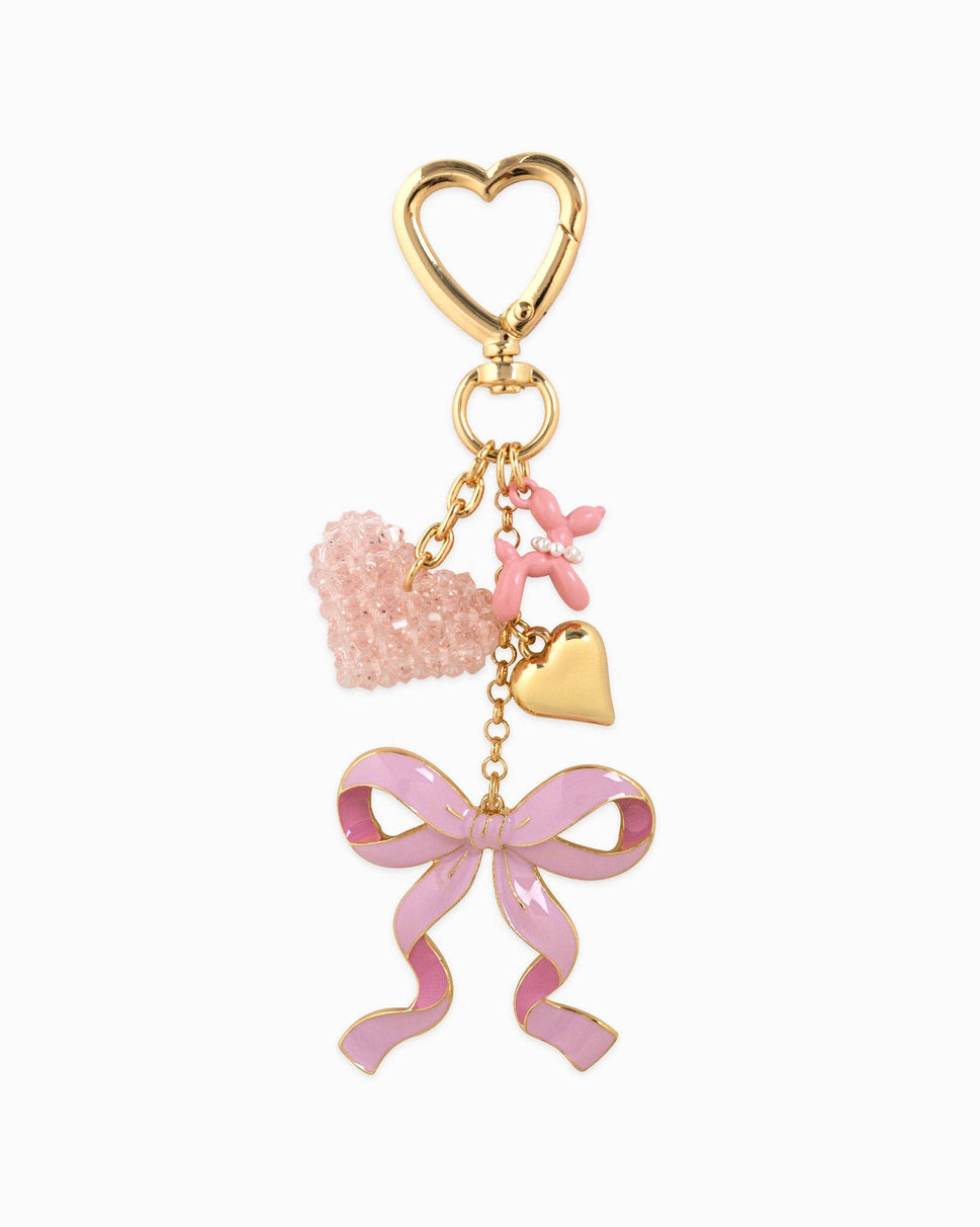 Sweet Bow with Beaded Heart Bag Charm: White