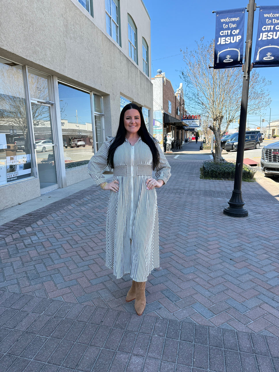 Black Stripe V Neck Zip Front Cinched High Waist Midi Dress