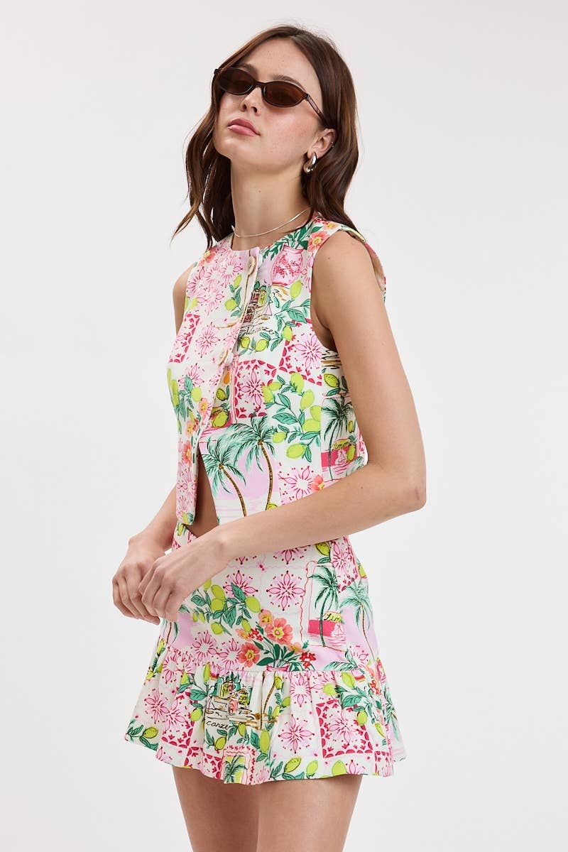 BREEZY TROPICAL SLIT VEST TOP & MINI SKORT SET
