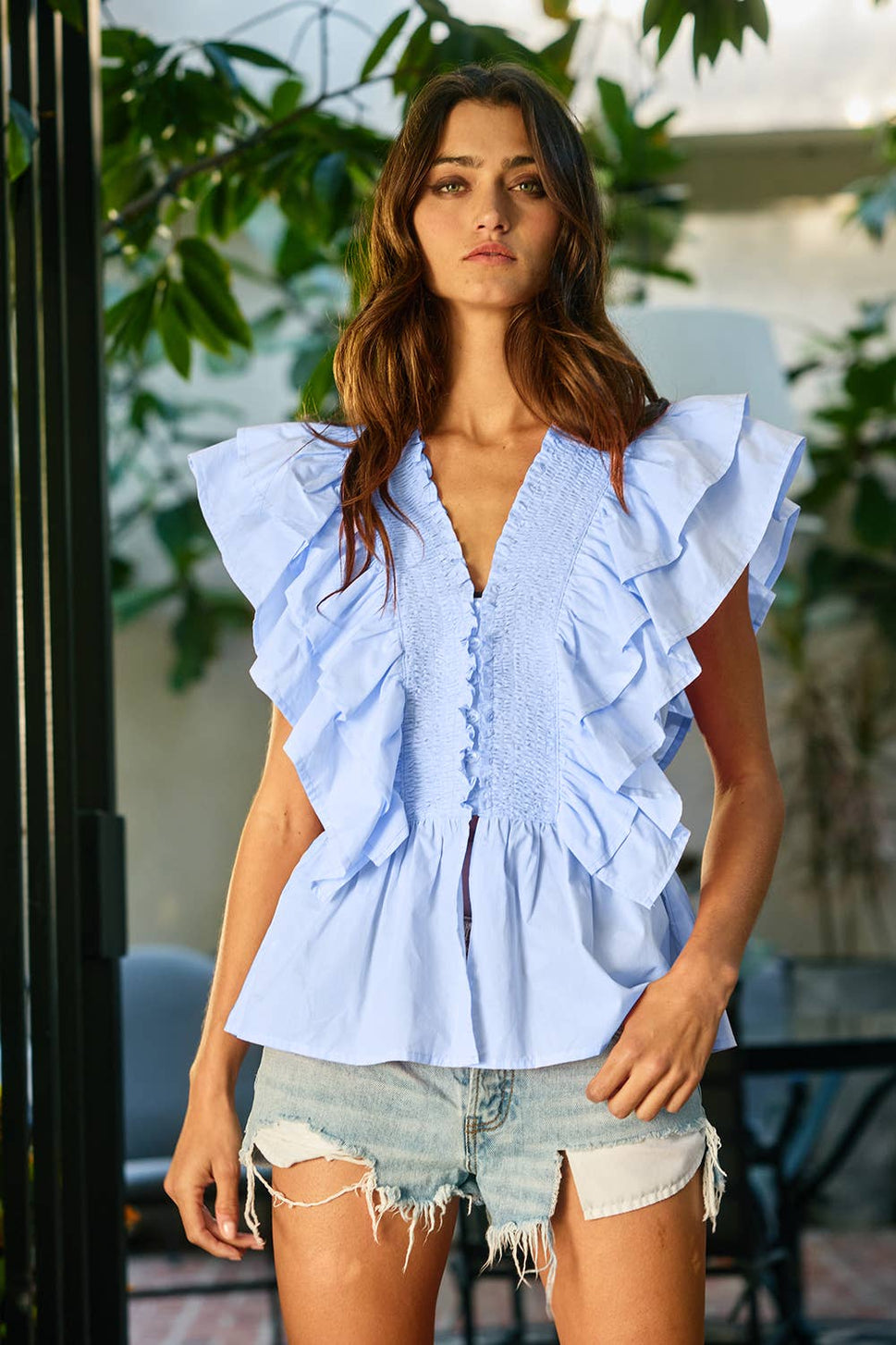 * Ruffle Smocked Peplum Blouse: Baby Blue