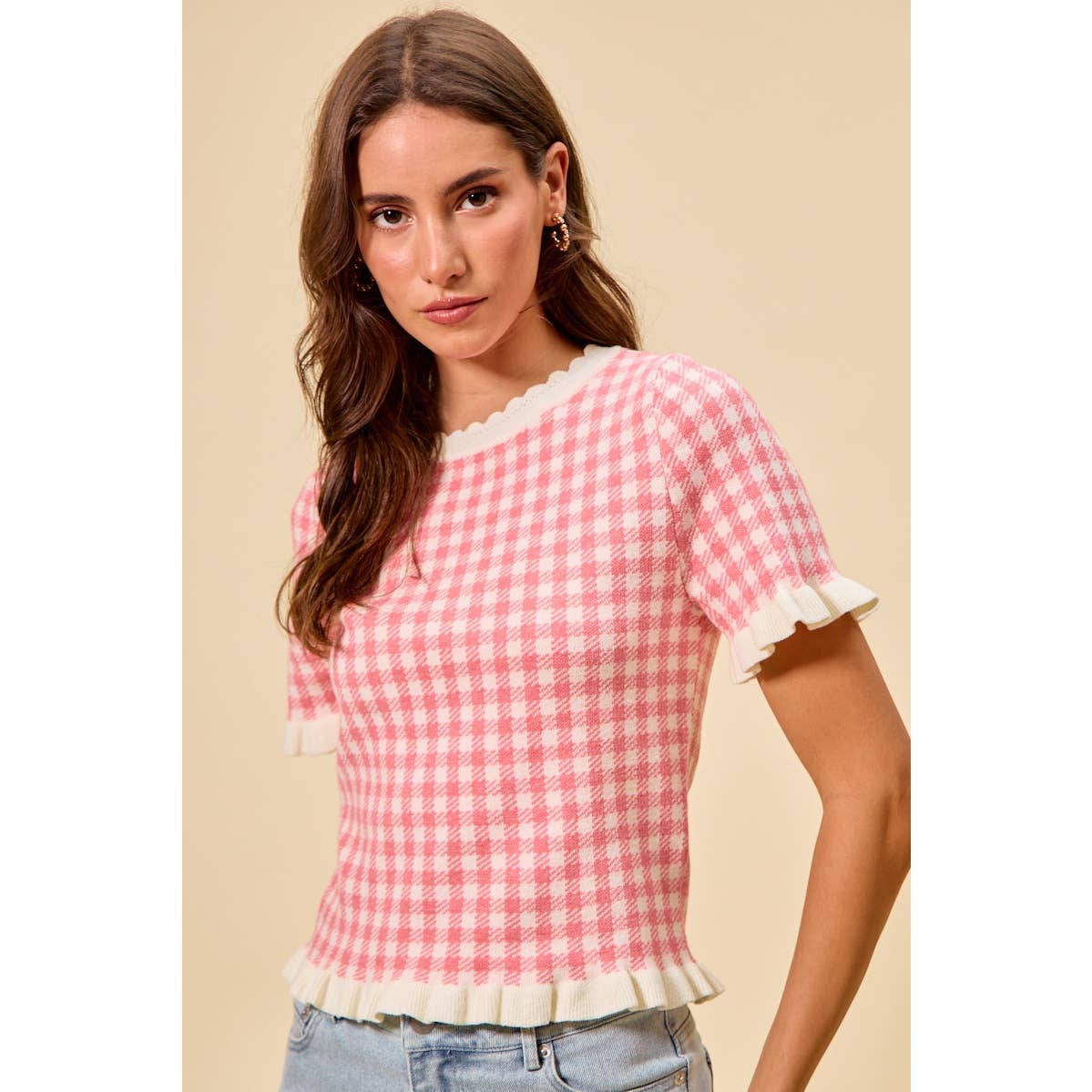 GINGHAM KNIT RUFFLED SHORT SLEEVES SWEATER TOP