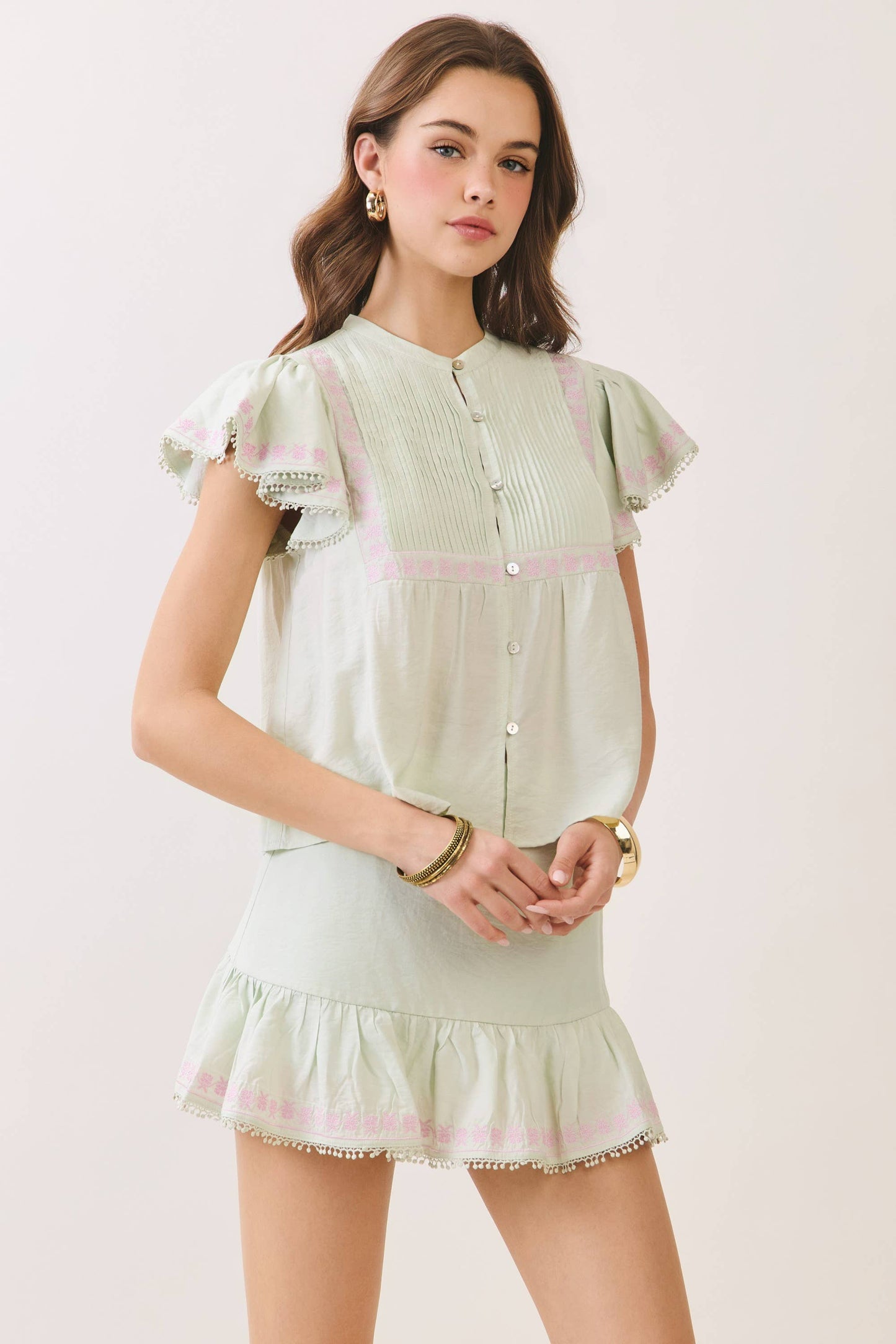 Embroidered Ruffle Trim Detail Button Down Sleeve Top