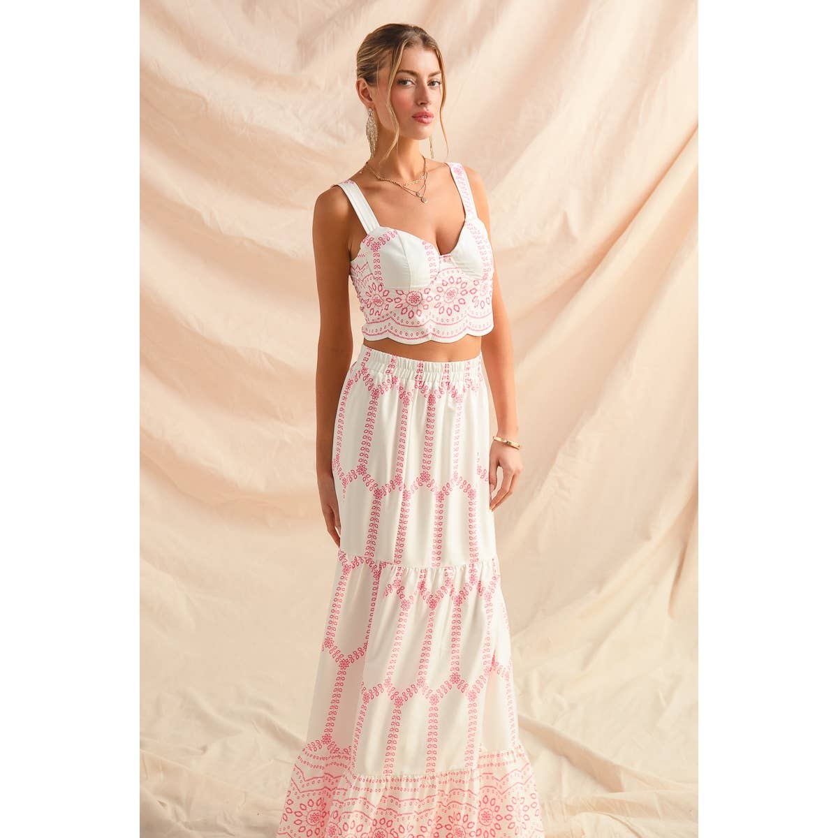 Embroidery Looking Print Woven Top & Skirt Set