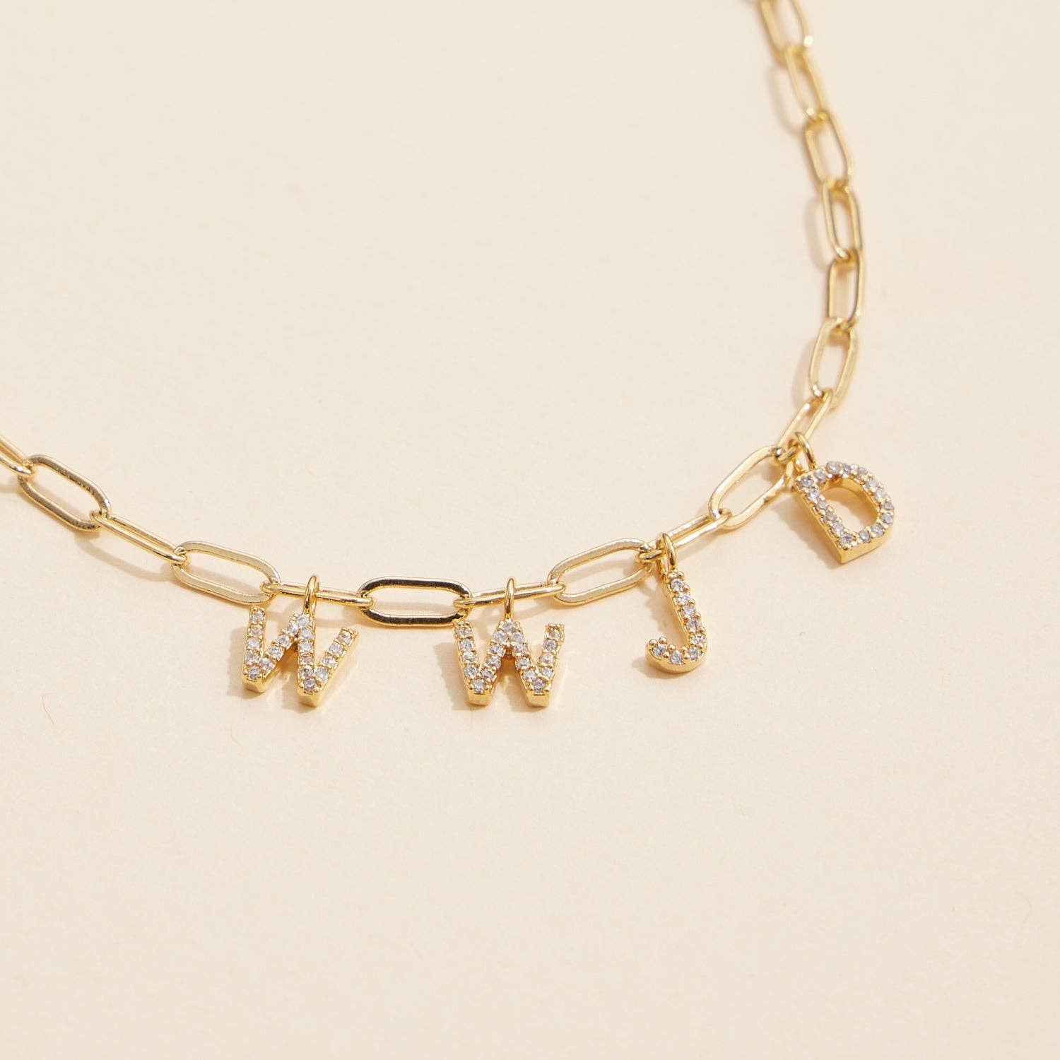 SPARKLING "WWJD" CUBIC ZIRCONIA 18K GOLD CHARM NECKLACE