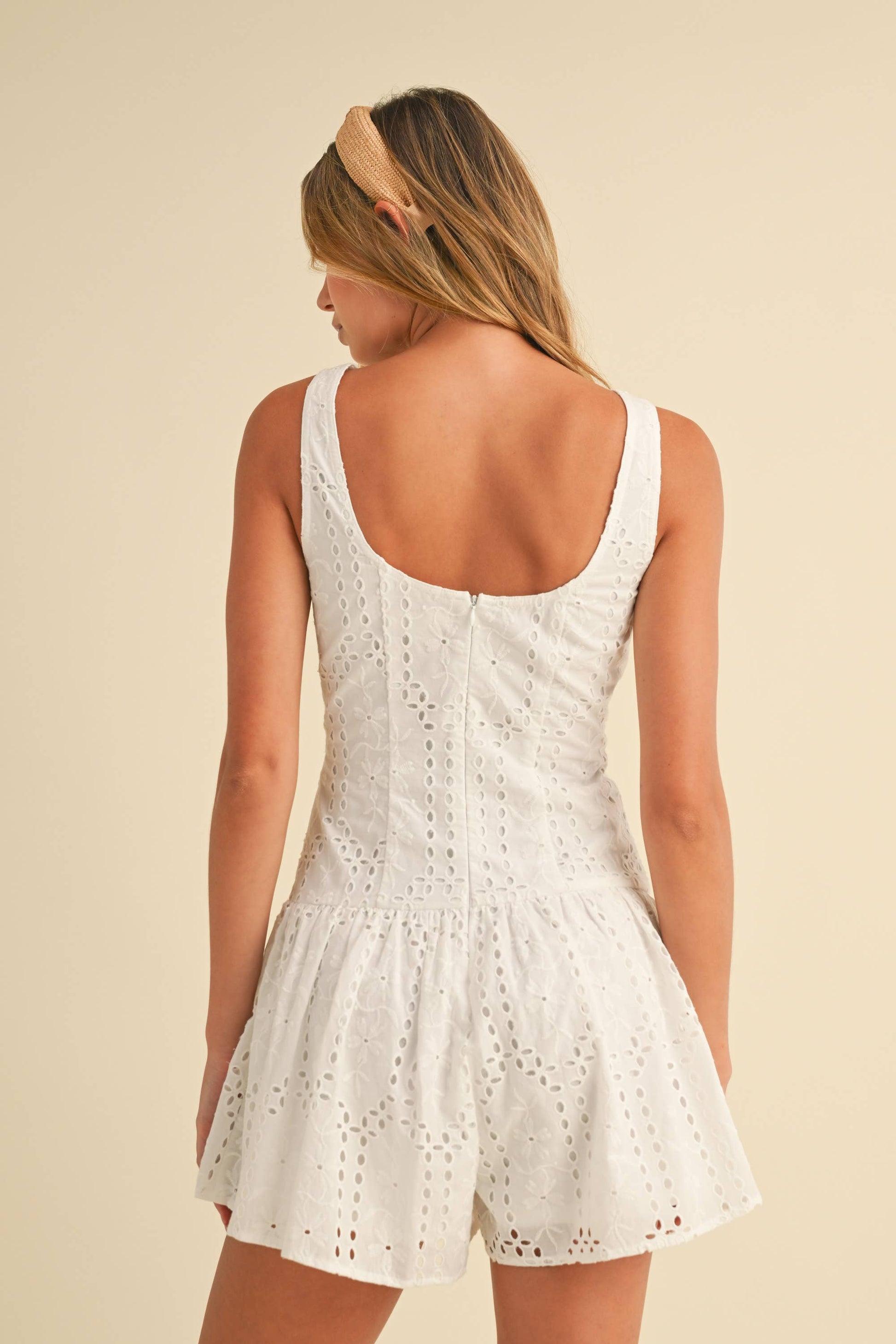 WHITE EYELET DROP WAIST BUTTON DETAILED FLARED ROMPER