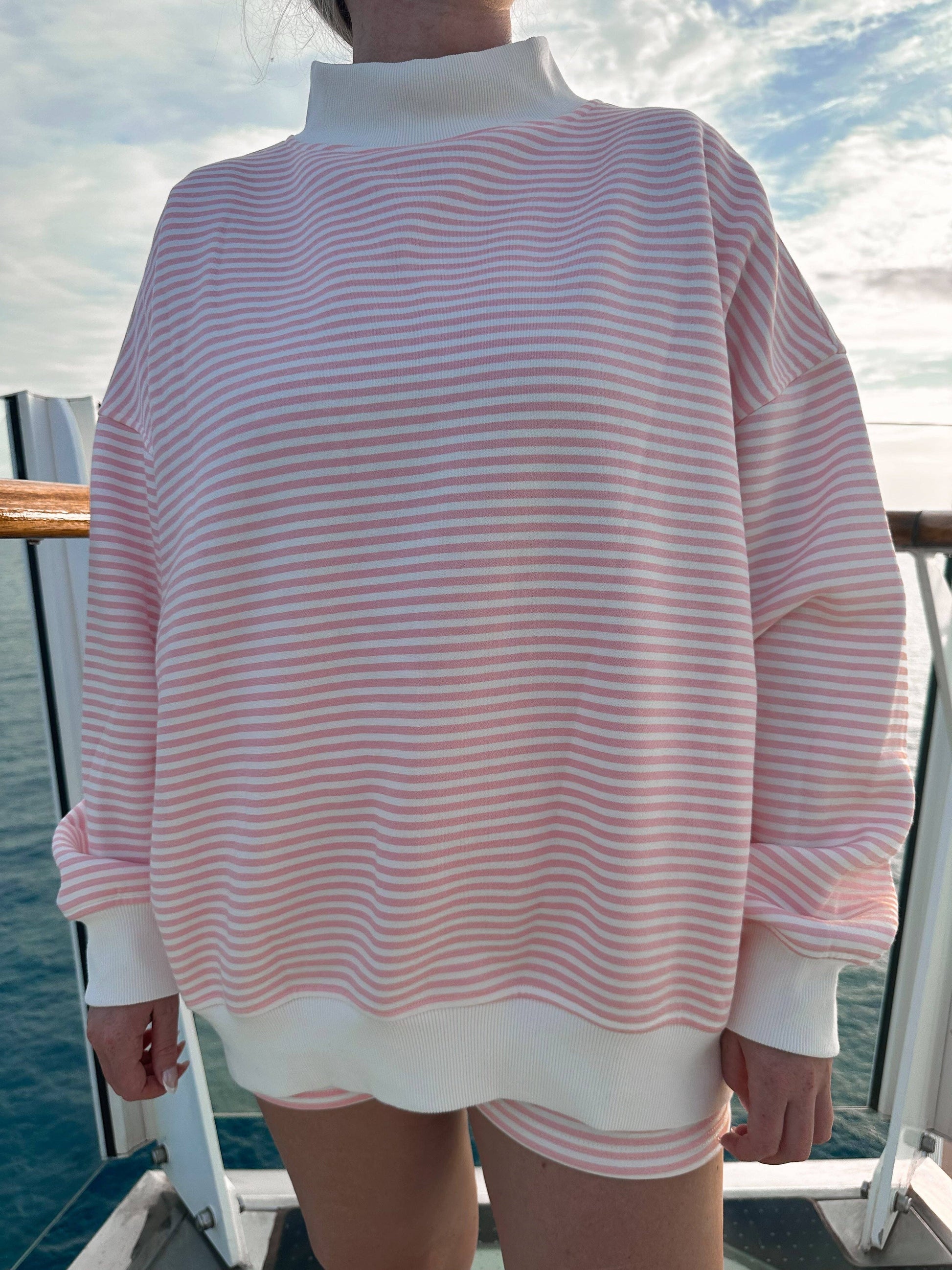 LIGHT PINK AND BIG STRIPED MOCKNECK SWEATSHIRT
