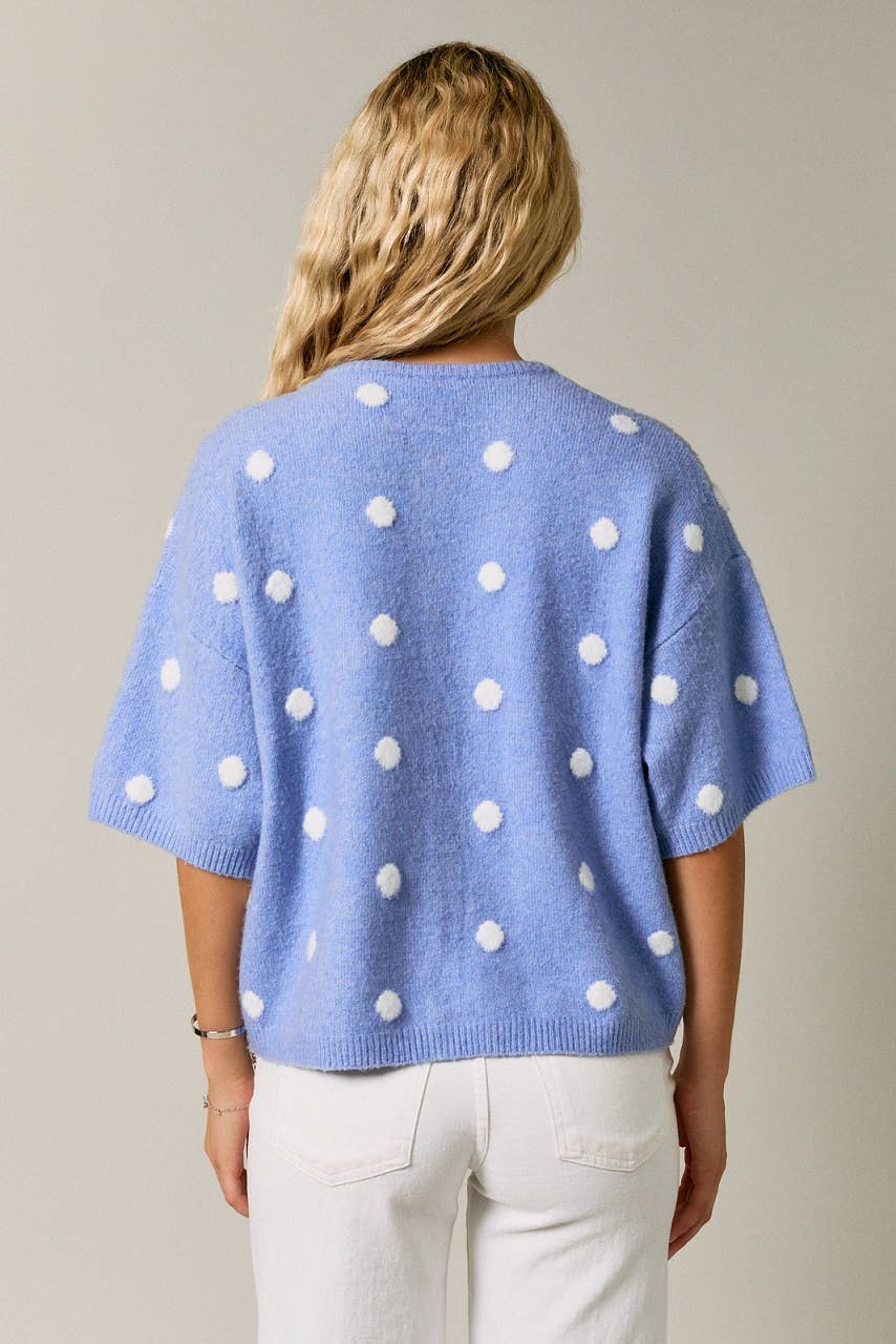 Polka Dot Short Sleeve Crew Neck Knit Cardigan