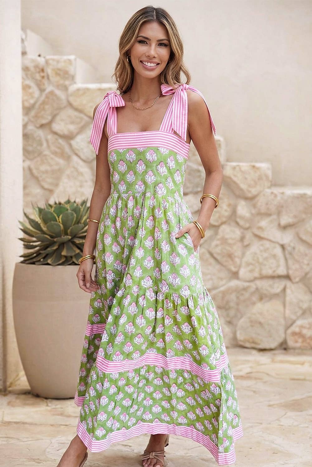 LDC Floral Print Striped Detail Knot Straps Maxi Dress