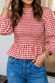 LAS Plaid Smocked Bubble Sleeve Casual Blouse