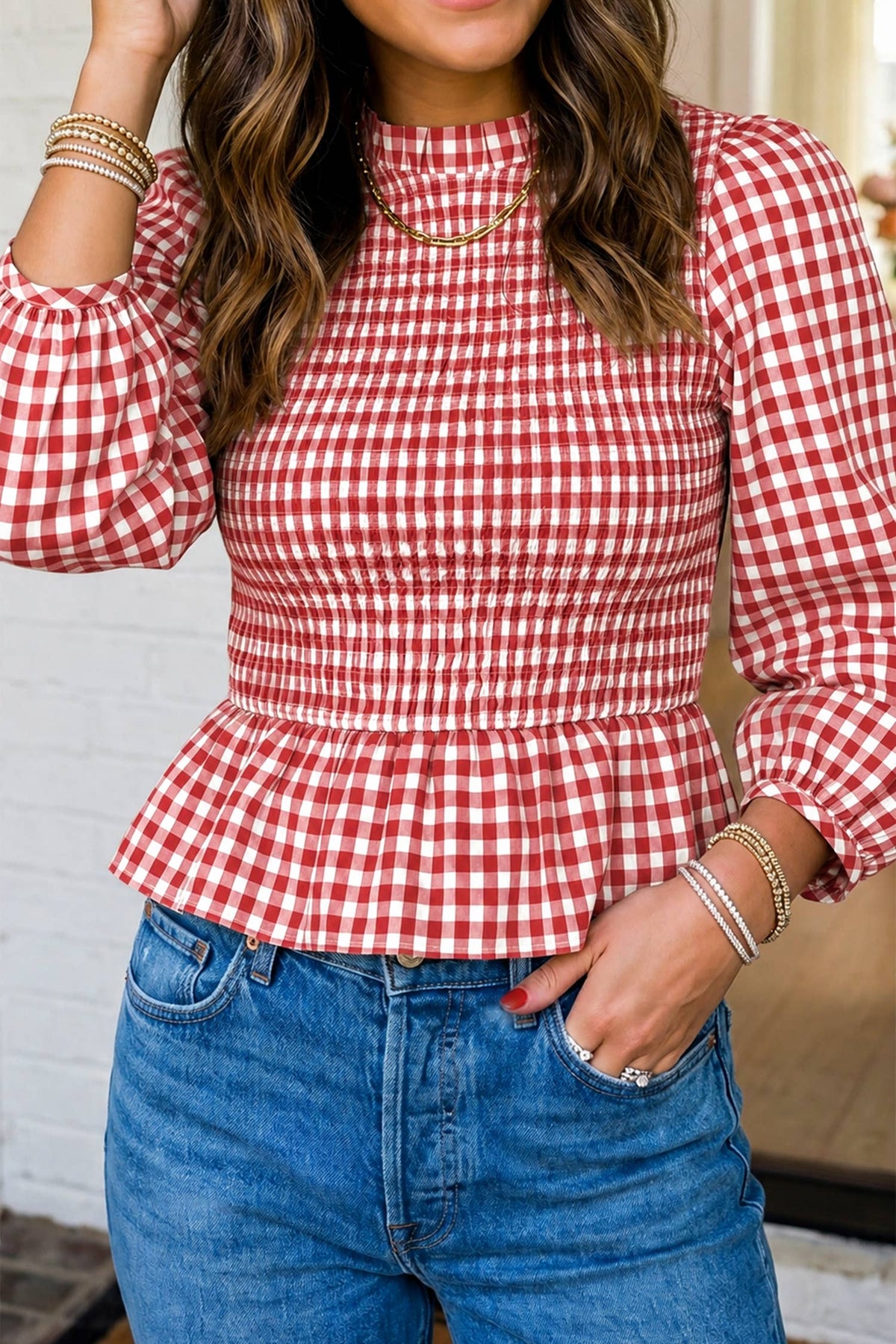 LAS Plaid Smocked Bubble Sleeve Casual Blouse