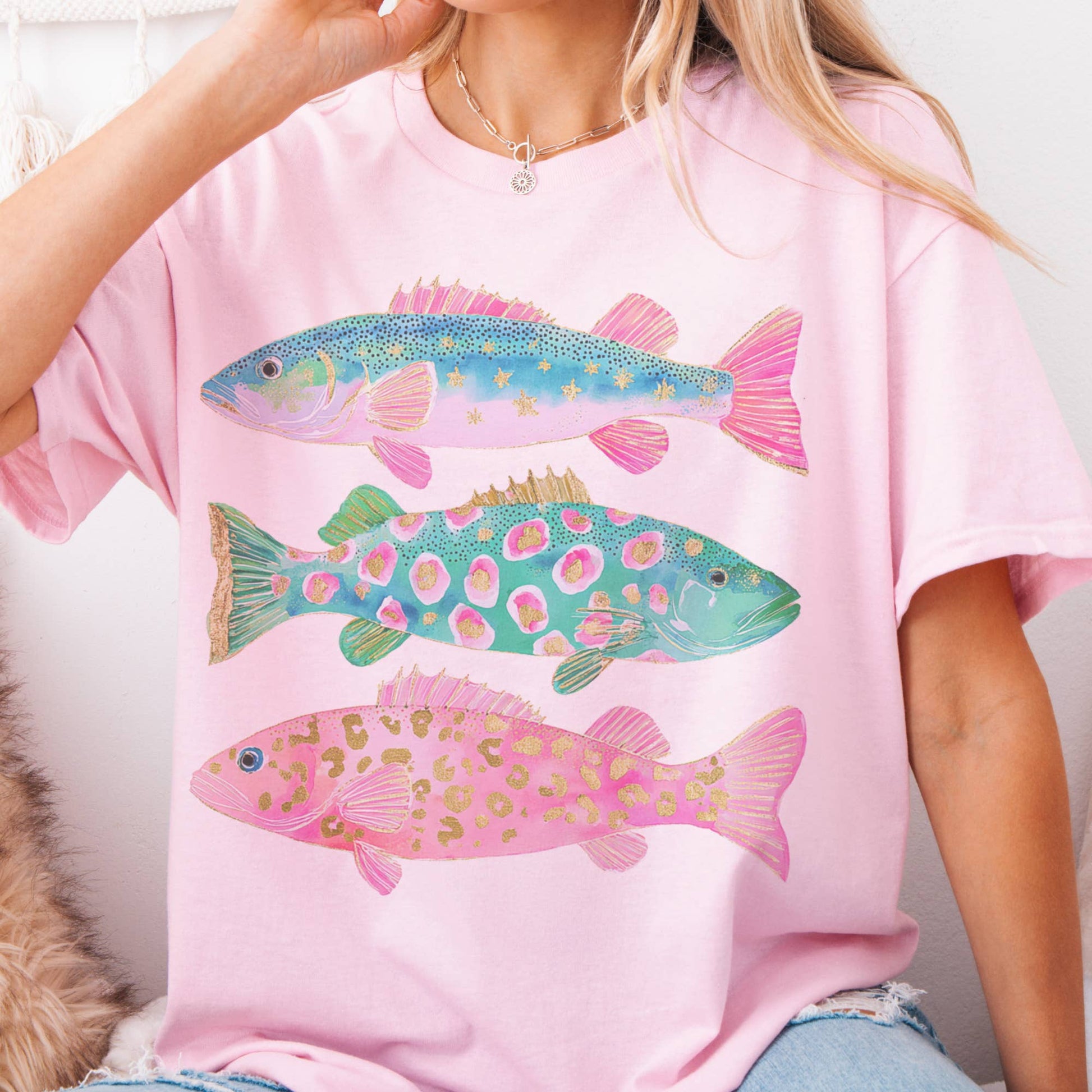 Coastal Preppy Fish Pink Blue Beach Ocean Club Graphic Tee