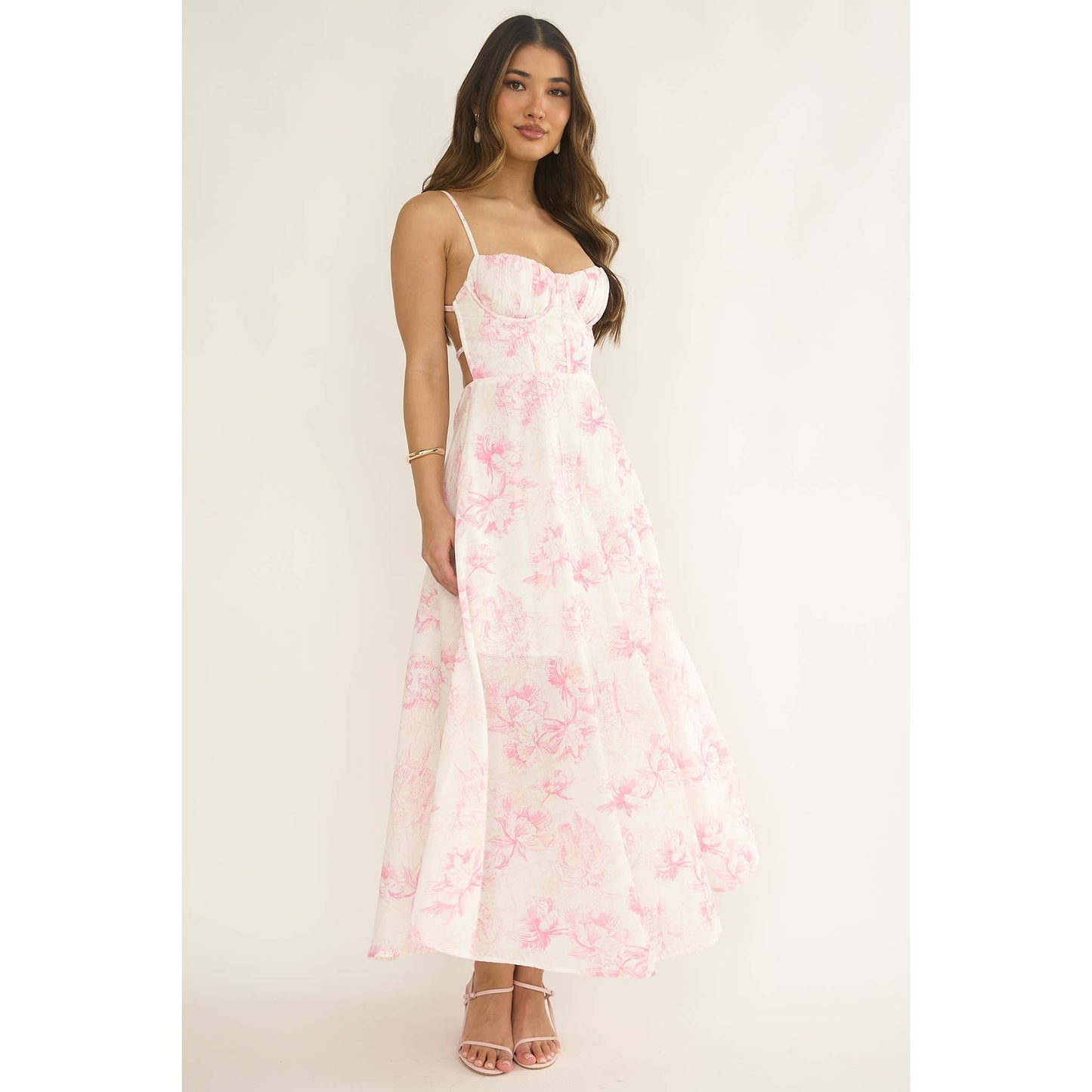 PINK RUCHED FLORAL MAXI DRESS