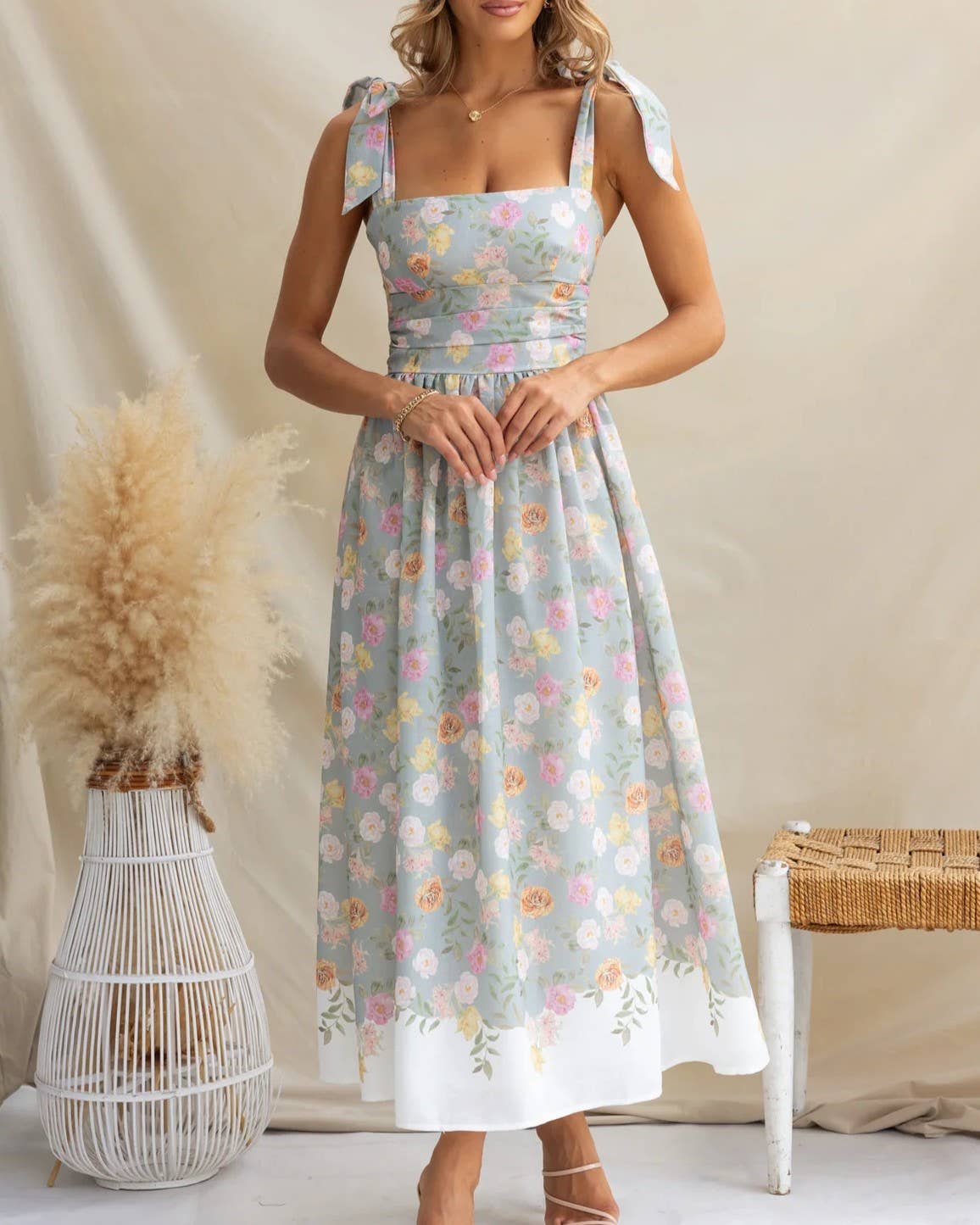 RESORT-INSPIRED FLORAL COLOR-BLOCK SLIP DRESS