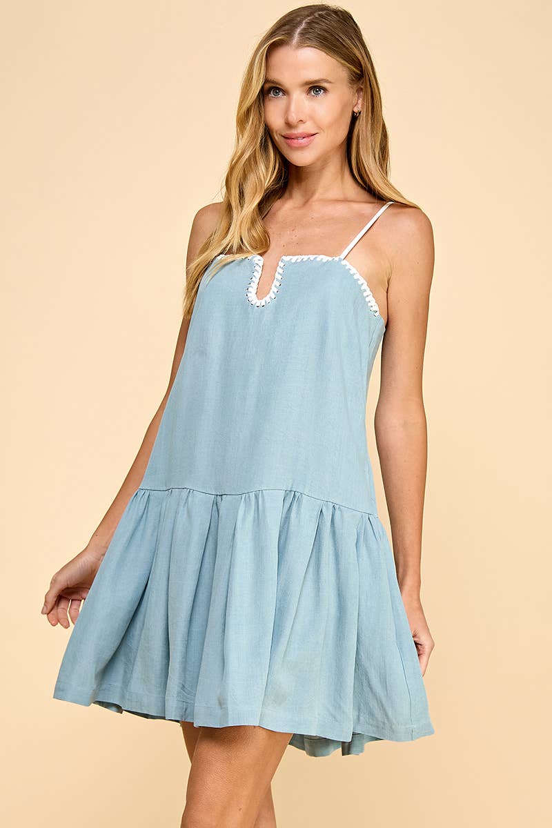 Denim Contrasting White Stitch Detail Dress