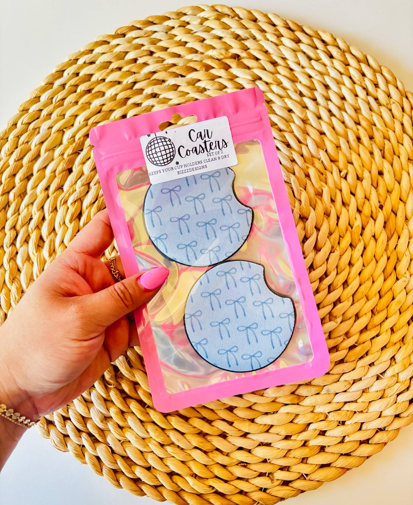 Blue Bow Coquette Car Coasters | Bow Car Coasters Set of 5