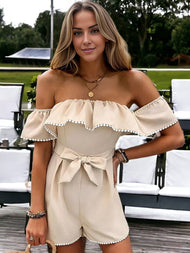 RUFFLED OFF SHOULDER JUMPSUIT W/ RIBBON TIE WAIST