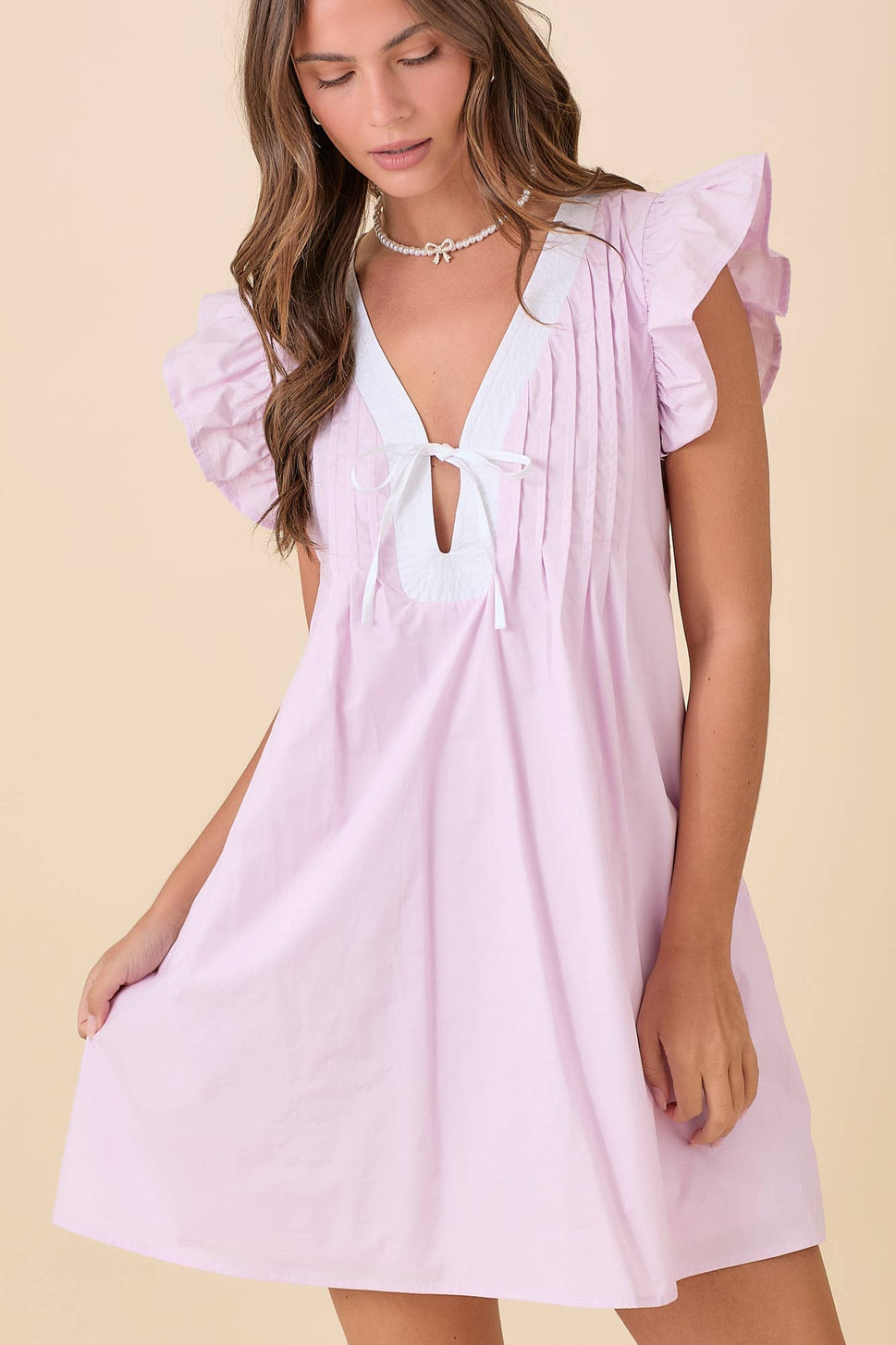 Ruffle Sleeve Summer Mini Dress With Pin Tuck