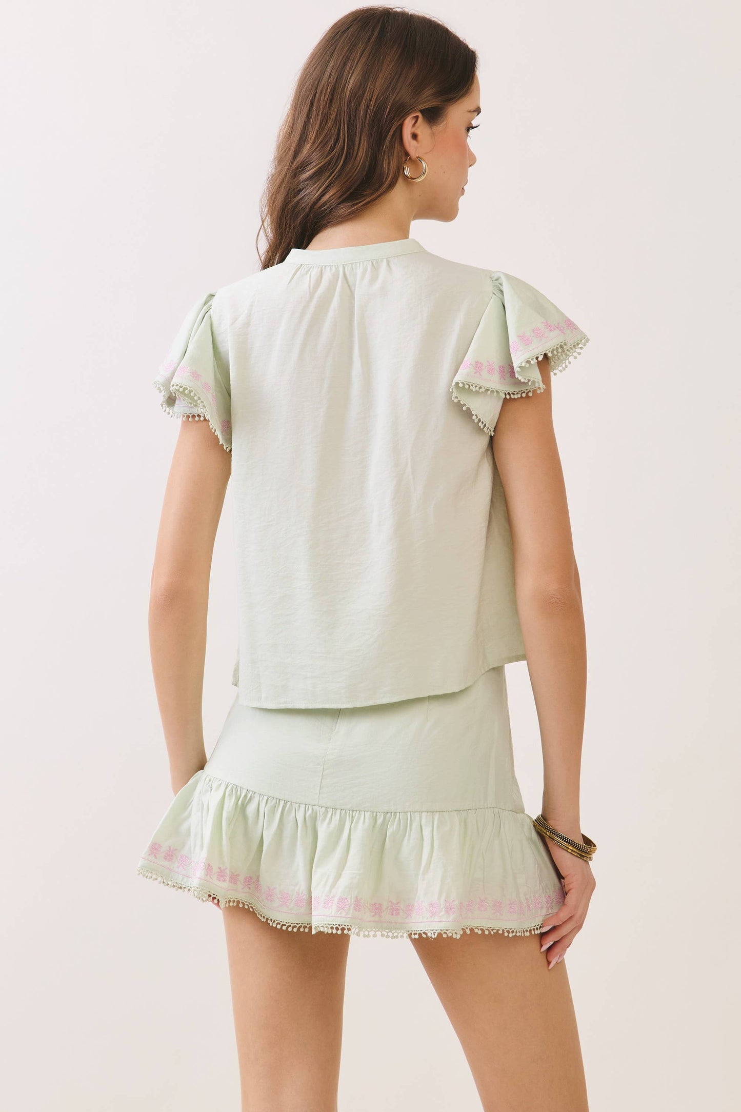 Embroidered Ruffle Trim Detail Button Down Sleeve Top
