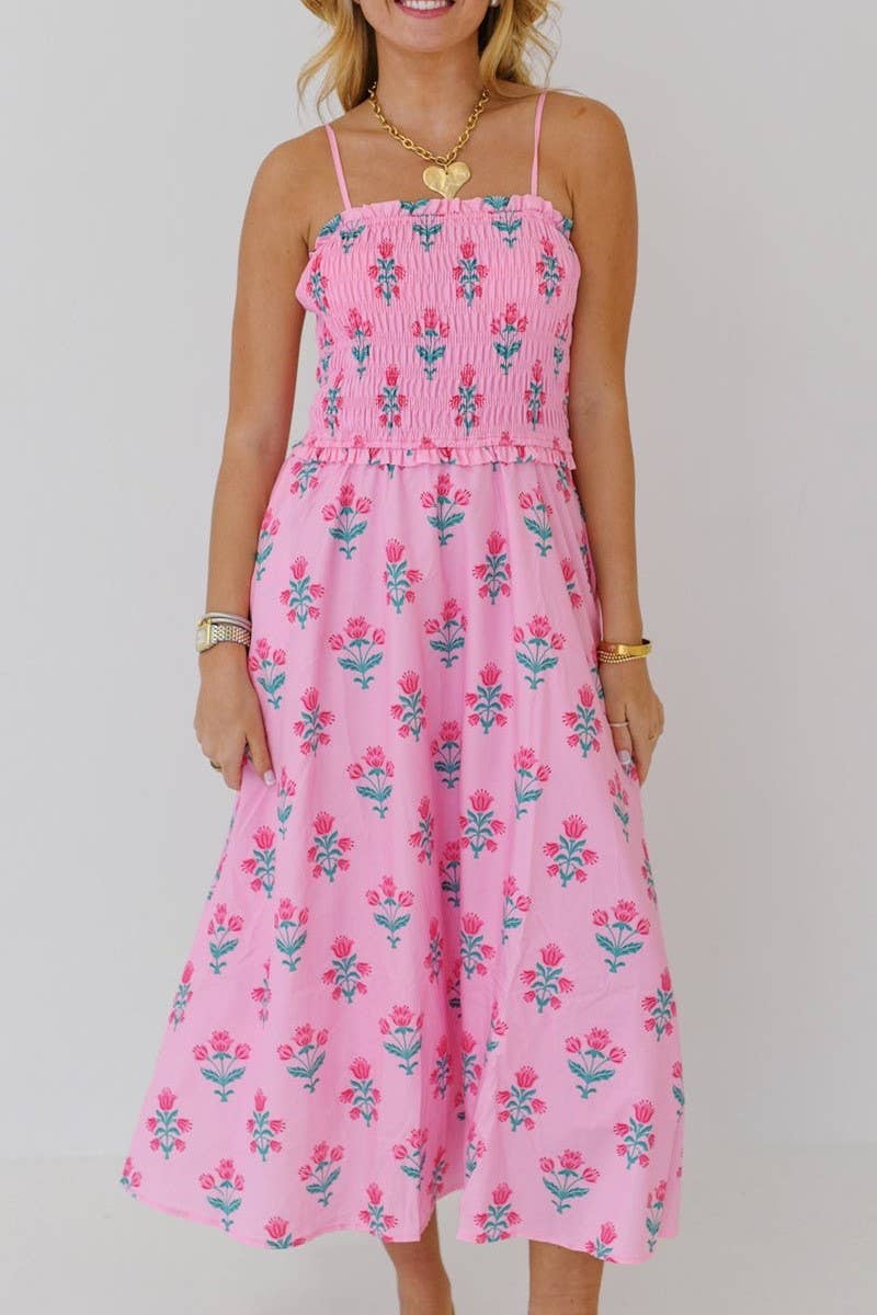 BOHEMIA MAGNOLIA FLORAL SPAGHETTI STRAPS FLARE DRESS