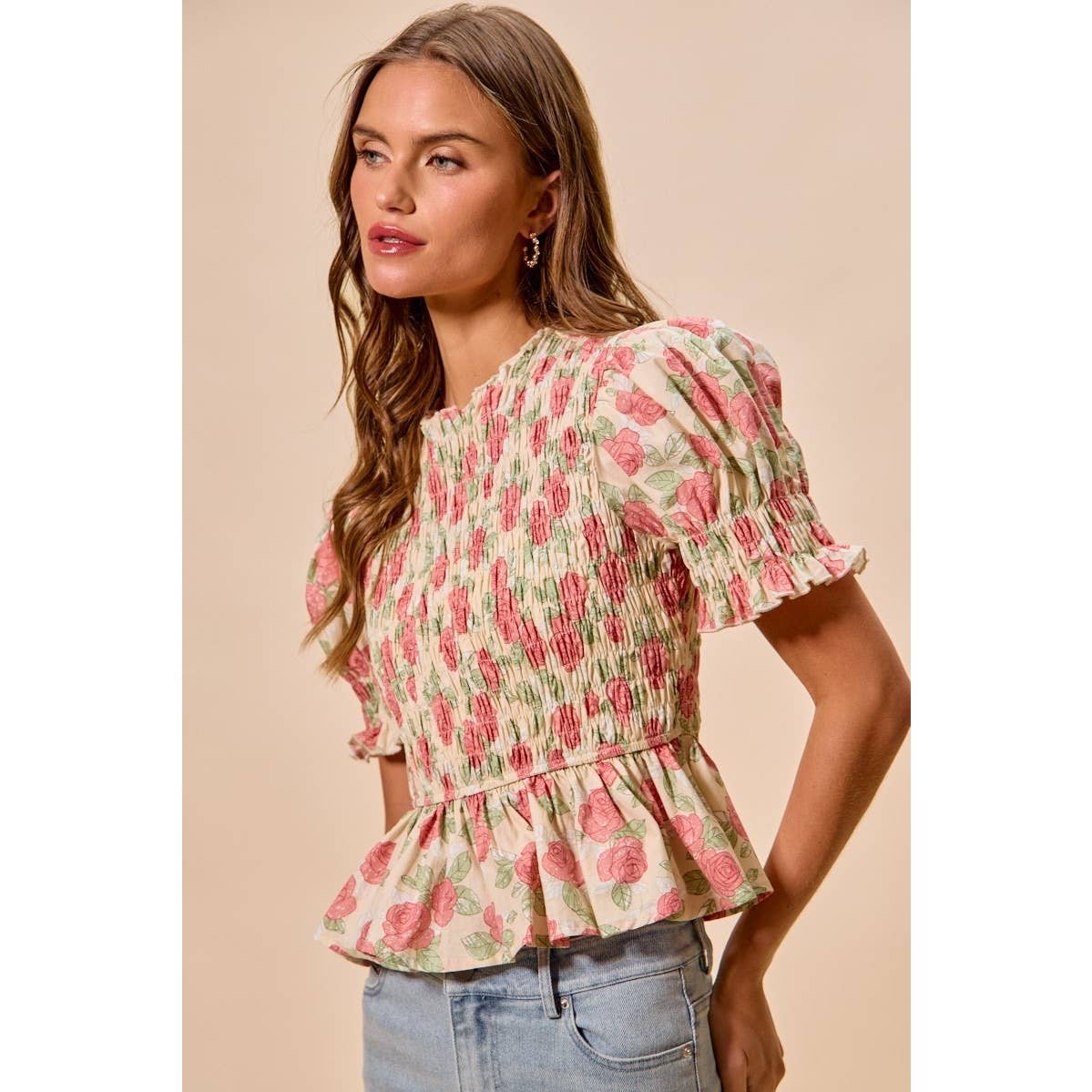 Floral Rose Print Smocked Short Sleeves Blouse Top: ROSE PINK