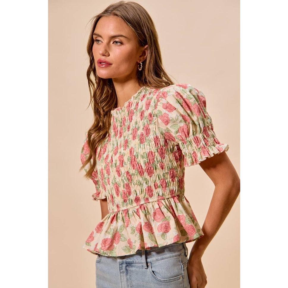 Floral Rose Print Smocked Short Sleeves Blouse Top: ROSE PINK