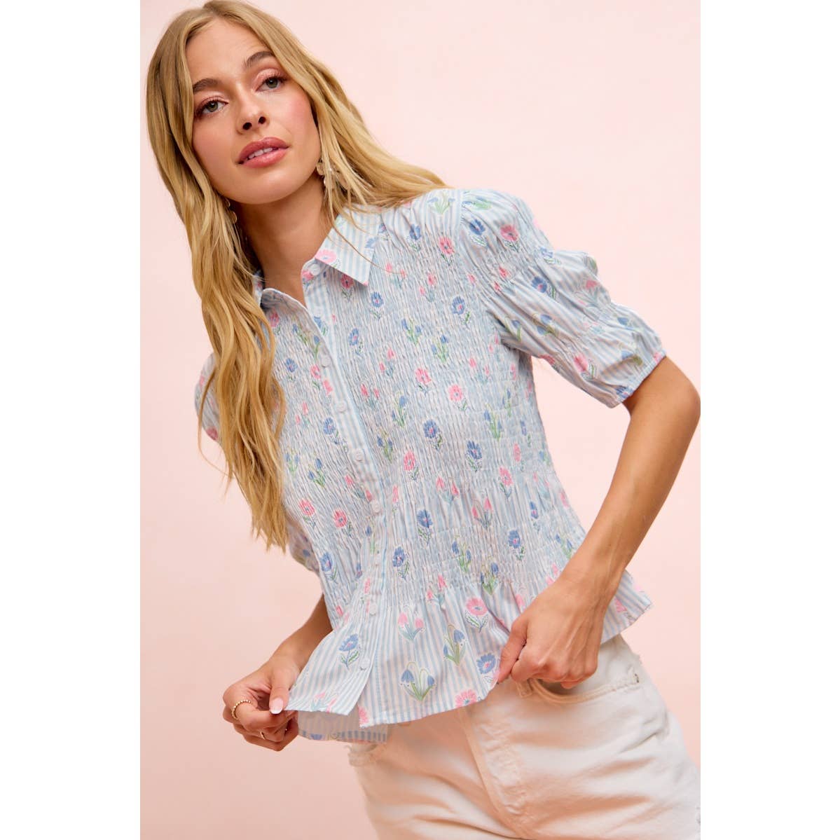 STRIPES AND FLORAL SHORT SLEEVE SHIRRED BLOUSE TOP