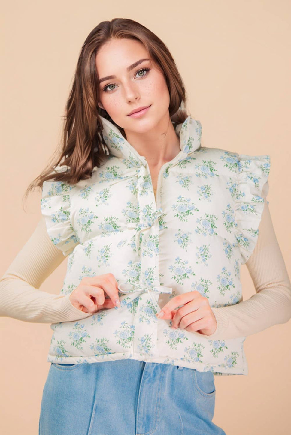 FRONT ROW RUFFLE SLEEVE PUFFER VEST