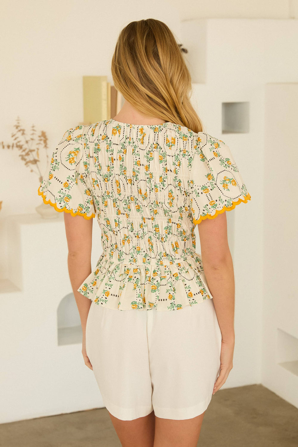 *Floral Scallop Trim Smocked Top with Flutter Sleeves
