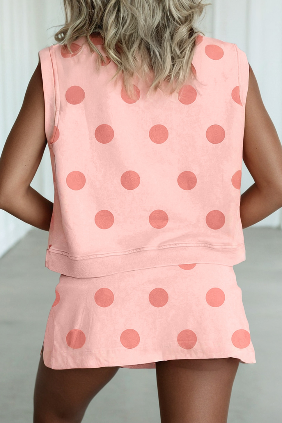 Ribbed Trim Polka Dot Tank Split Mini Skort Set