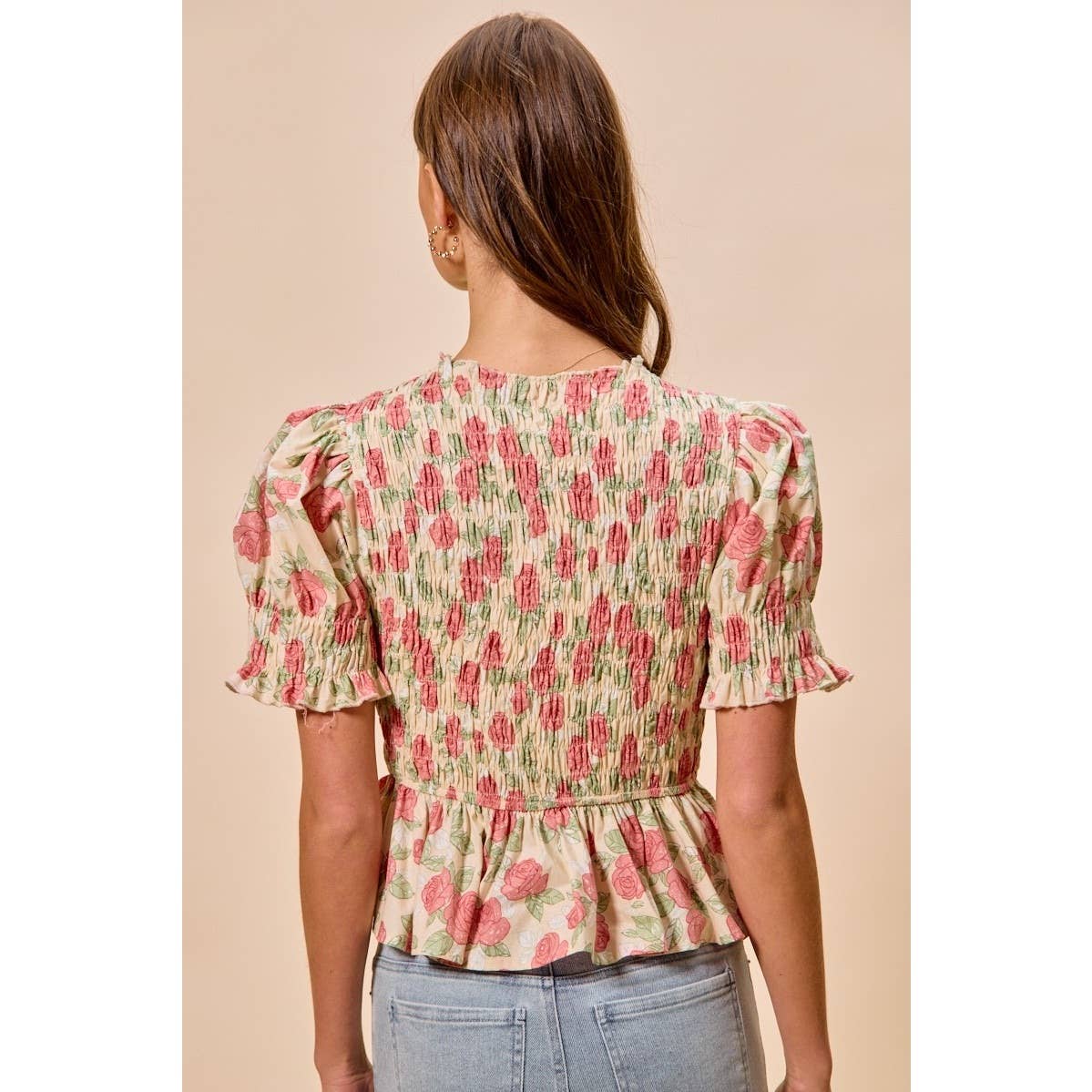 Floral Rose Print Smocked Short Sleeves Blouse Top: ROSE PINK