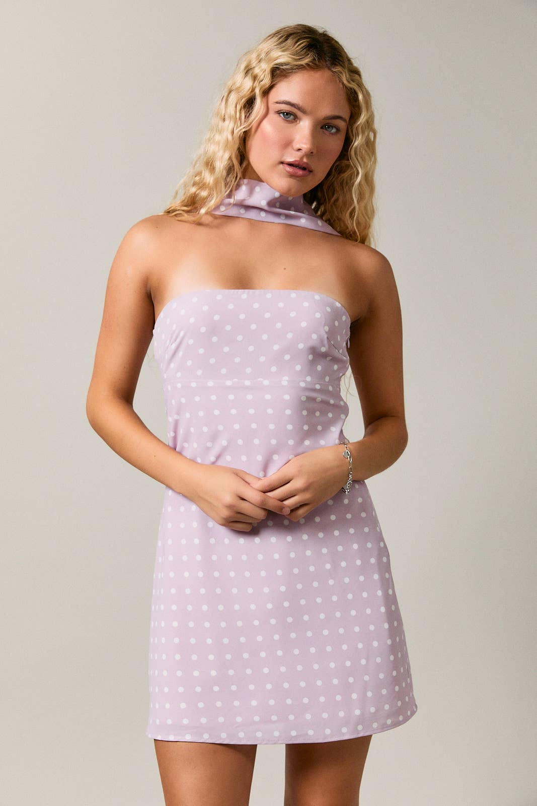 *Polka Dot Mini Dress With Attached Scarf