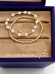 Bow Chain Link Pearl Beaded Multi Layer Bracelet: Gold