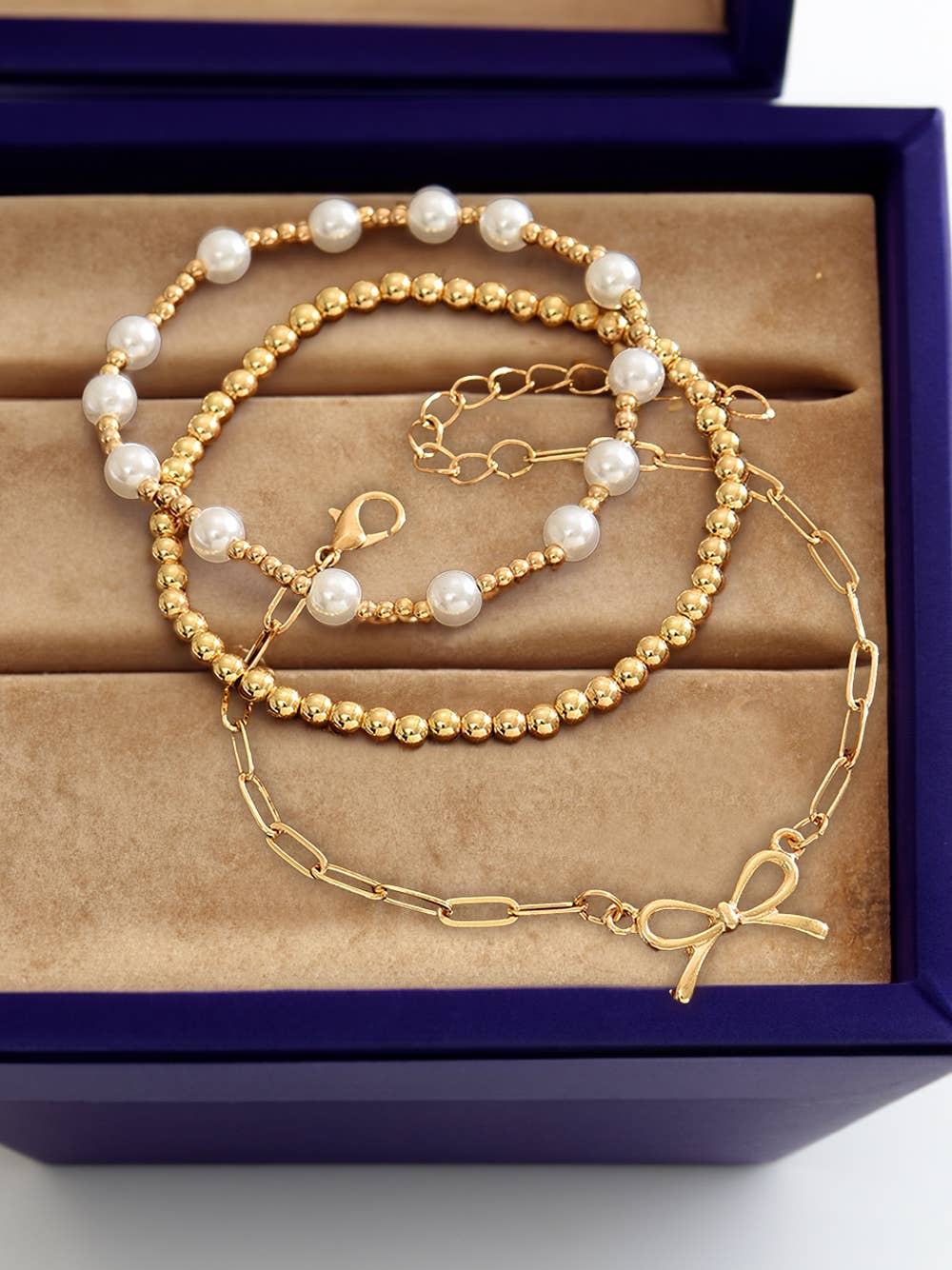 Bow Chain Link Pearl Beaded Multi Layer Bracelet: Gold