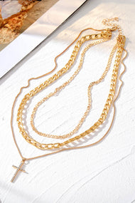 Plated Cross Pendant Multi Layer Stacked Chains Necklace: Gold / ONE SIZE