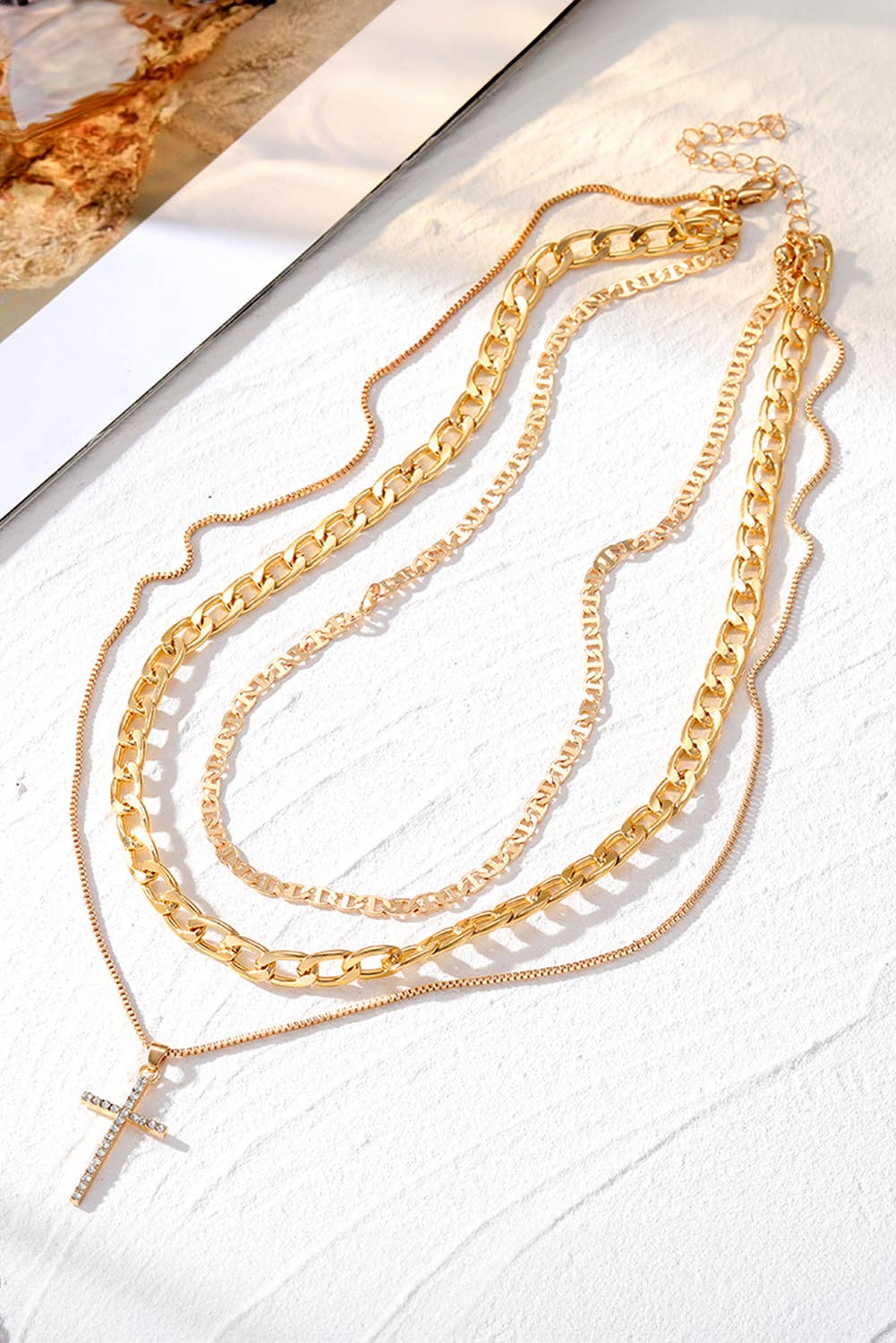 Plated Cross Pendant Multi Layer Stacked Chains Necklace: Gold / ONE SIZE