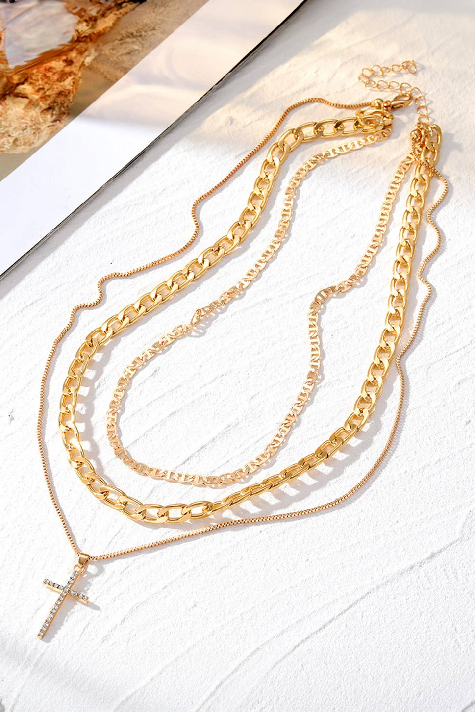 Plated Cross Pendant Multi Layer Stacked Chains Necklace: Gold / ONE SIZE