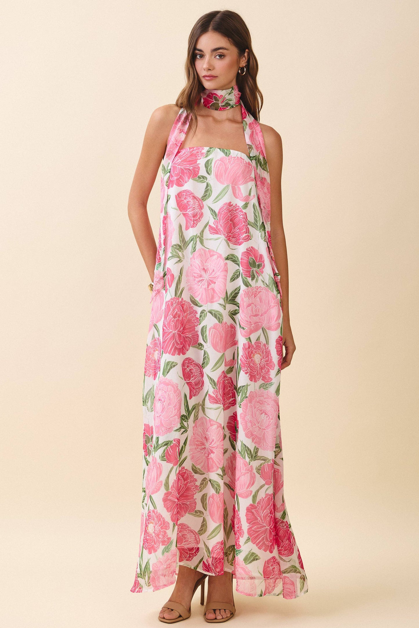 Strapless Floral Maxi Dress with Convertible Scarf
