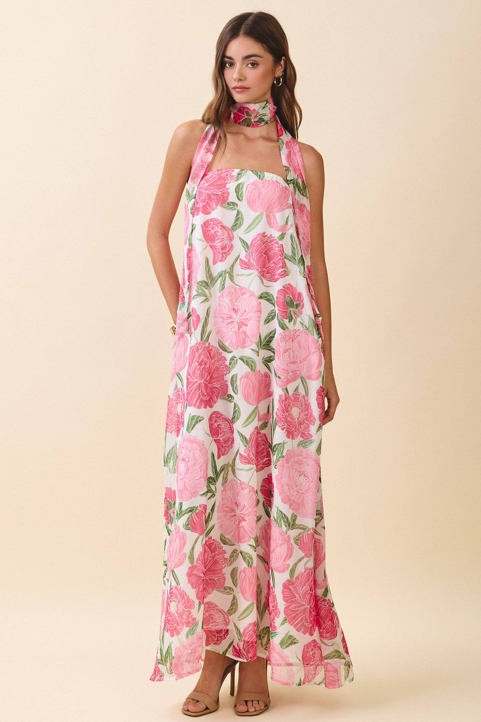 Strapless Floral Maxi Dress with Convertible Scarf