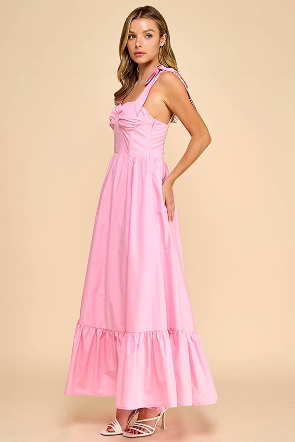 Bustier maxi dress with ruffle skirt and tied shoulder strap