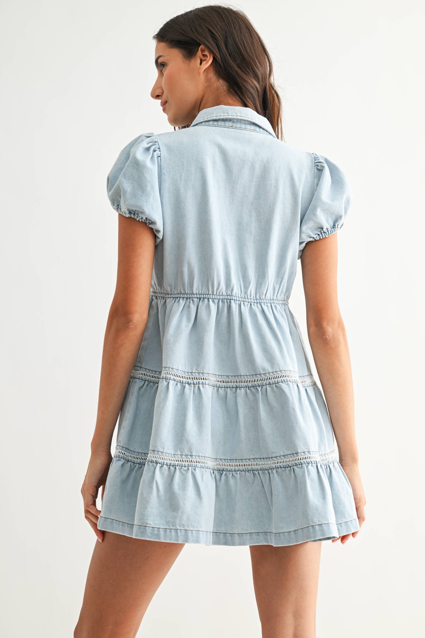 CED27024 Puff Sleeve Denim Mini Dress: LT.DENIM / S-M-L (3-2-1)