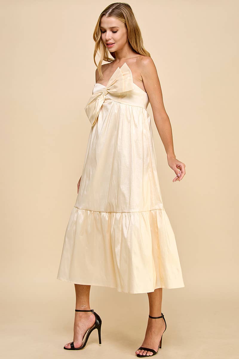 Adjustable Strap Midi Dress with Bow Detail