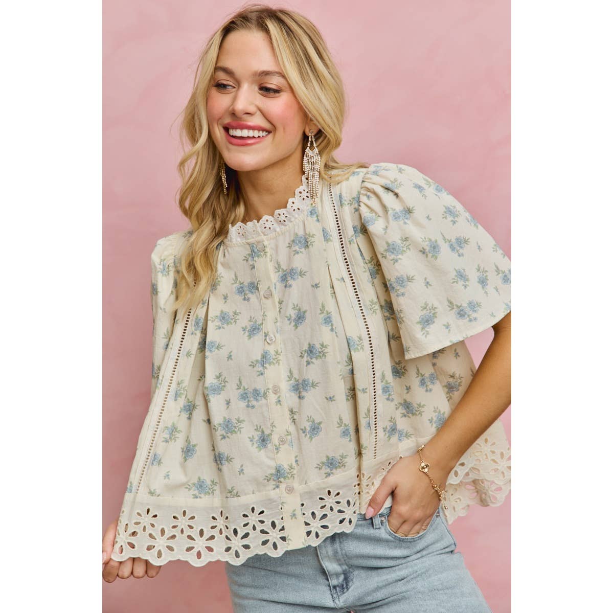 FLORAL PRINT LACE TRIM FLUTTER SLEEVES BLOUSE TOP