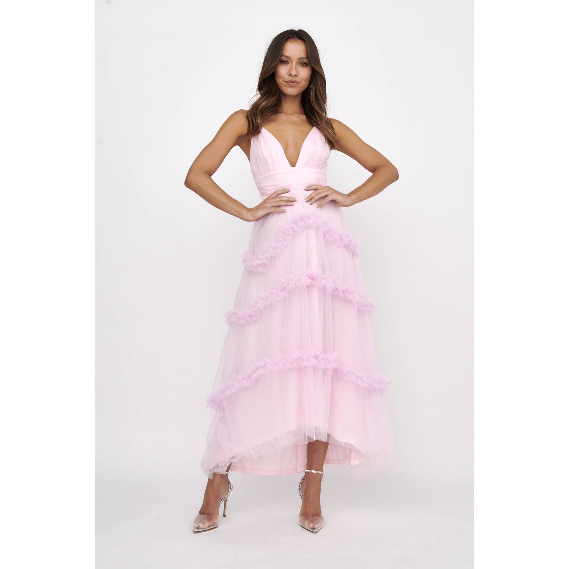 DEEP-V TIERED TULLE MIDI DRESS