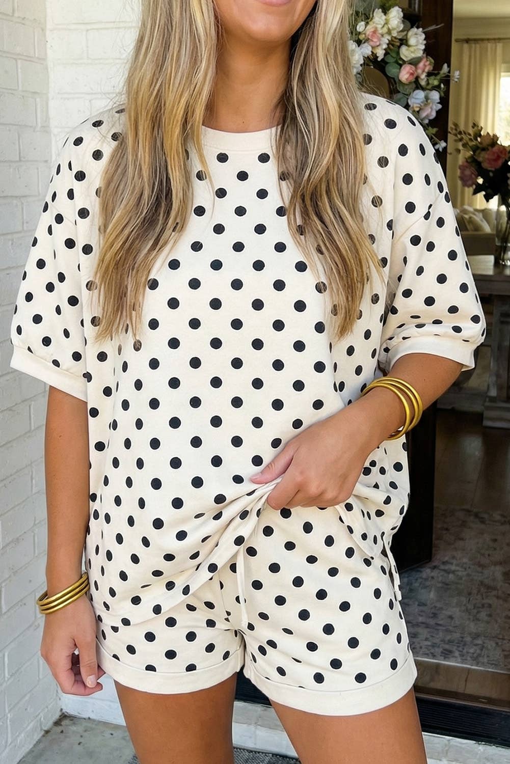 LAS-LIVE Polka Dot Print Top Drawstring Shorts Set