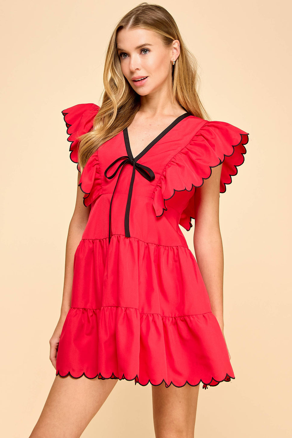 V NECKLINE BOW DETAIL SCALLOPED DRESS