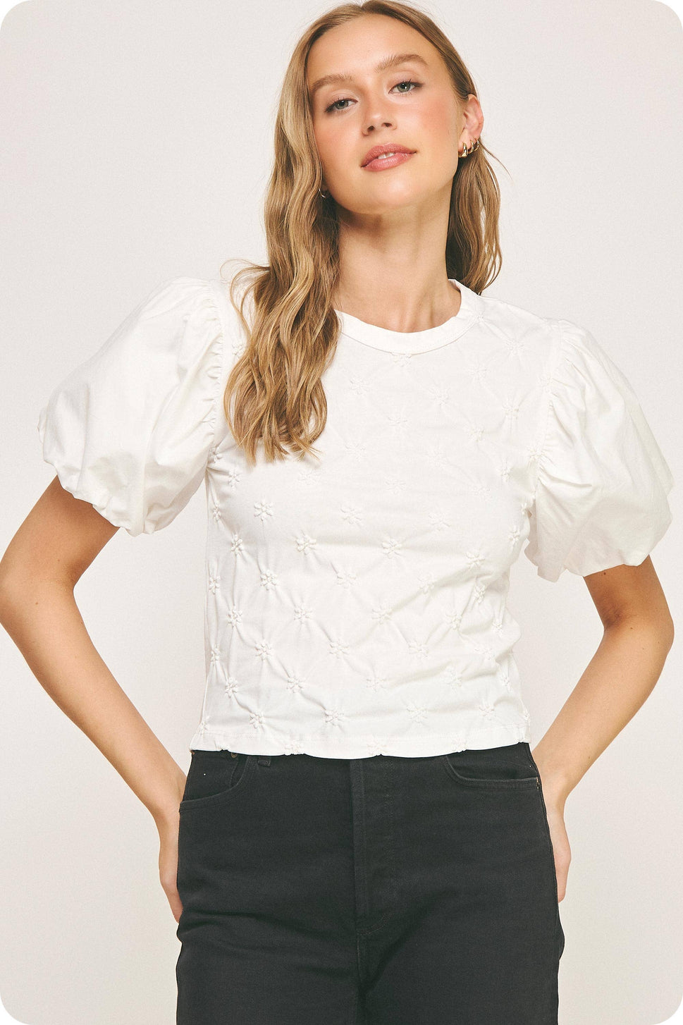 Flower Embossed Puff Sleeve Tee Top