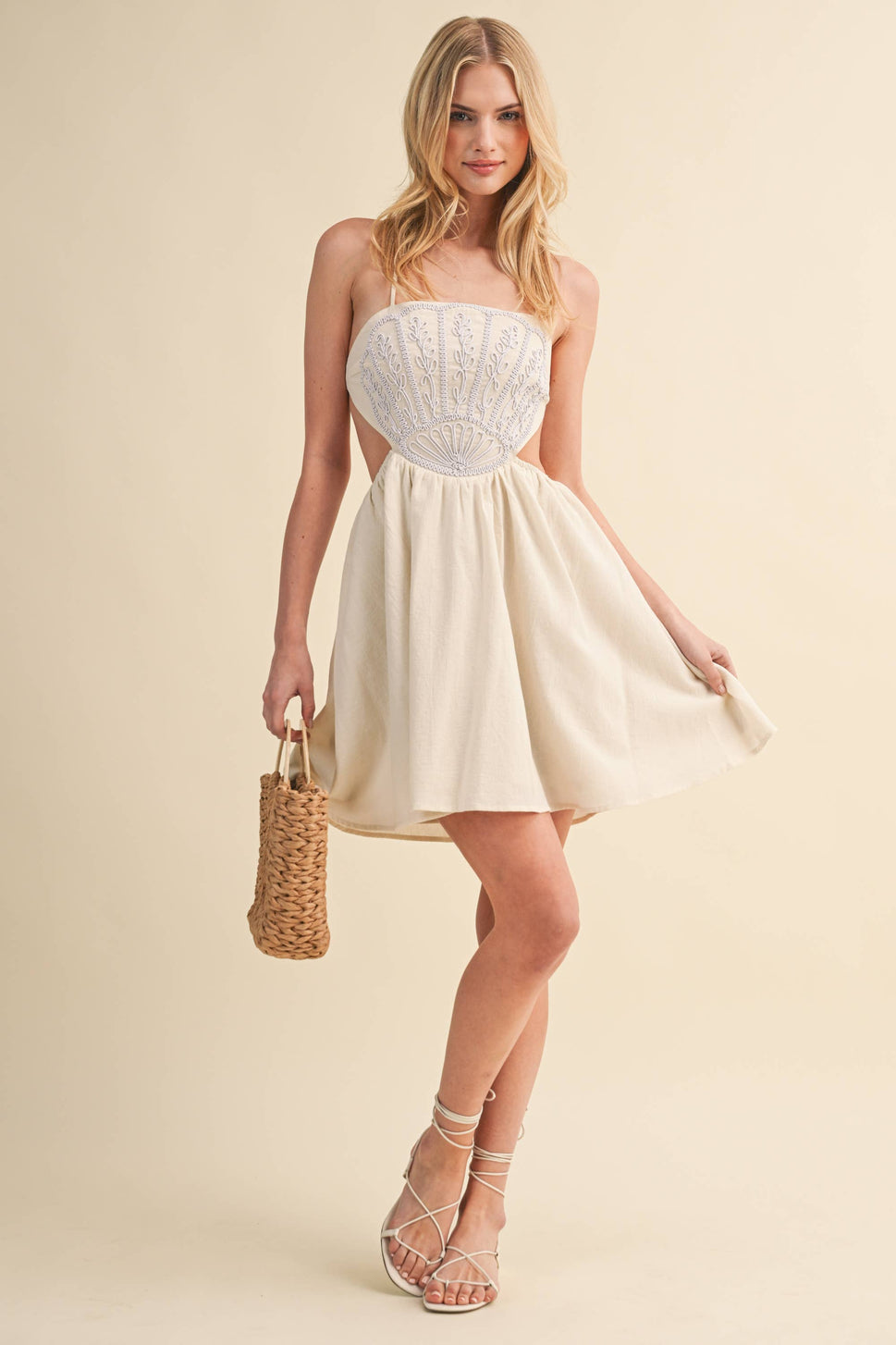 SCALLOP APLIQUE CRISS CROSS BACK FLARE MINI DRESS