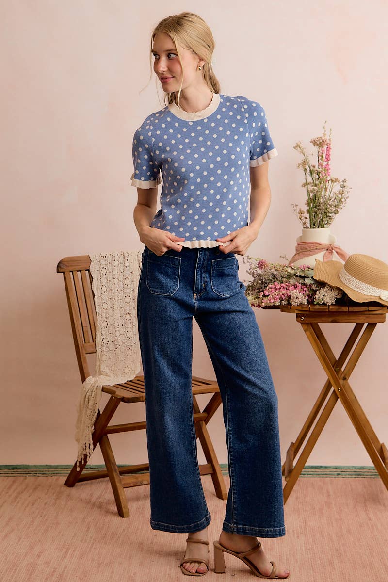 Polka Dot Ruffled Short Sleeves Sweater Knit Top