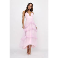 DEEP-V TIERED TULLE MIDI DRESS